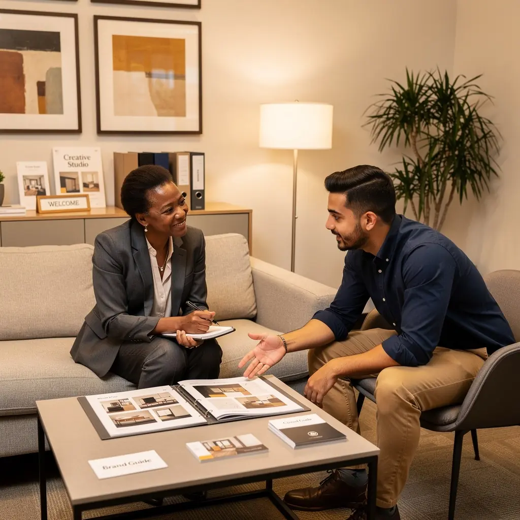 Modernes Bürointerieur mit harmonischer Farbgestaltung und stilvollen Materialien.